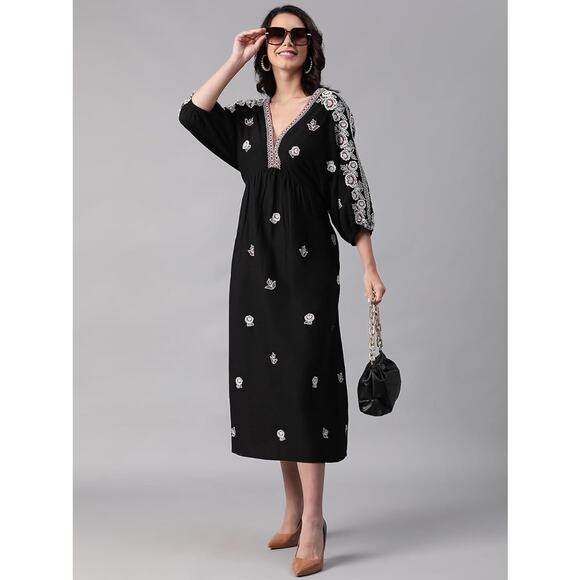 Sfera Casual Black Embroidered Mexican Maxi Boho Floral Linen Blend Dress, Small - Picture 1 of 13